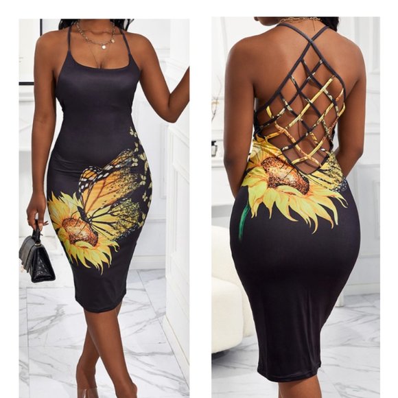 Boutique Dresses & Skirts - Dress Butterfly Sunflower Print Fishnet Backstrap Bodycon XL